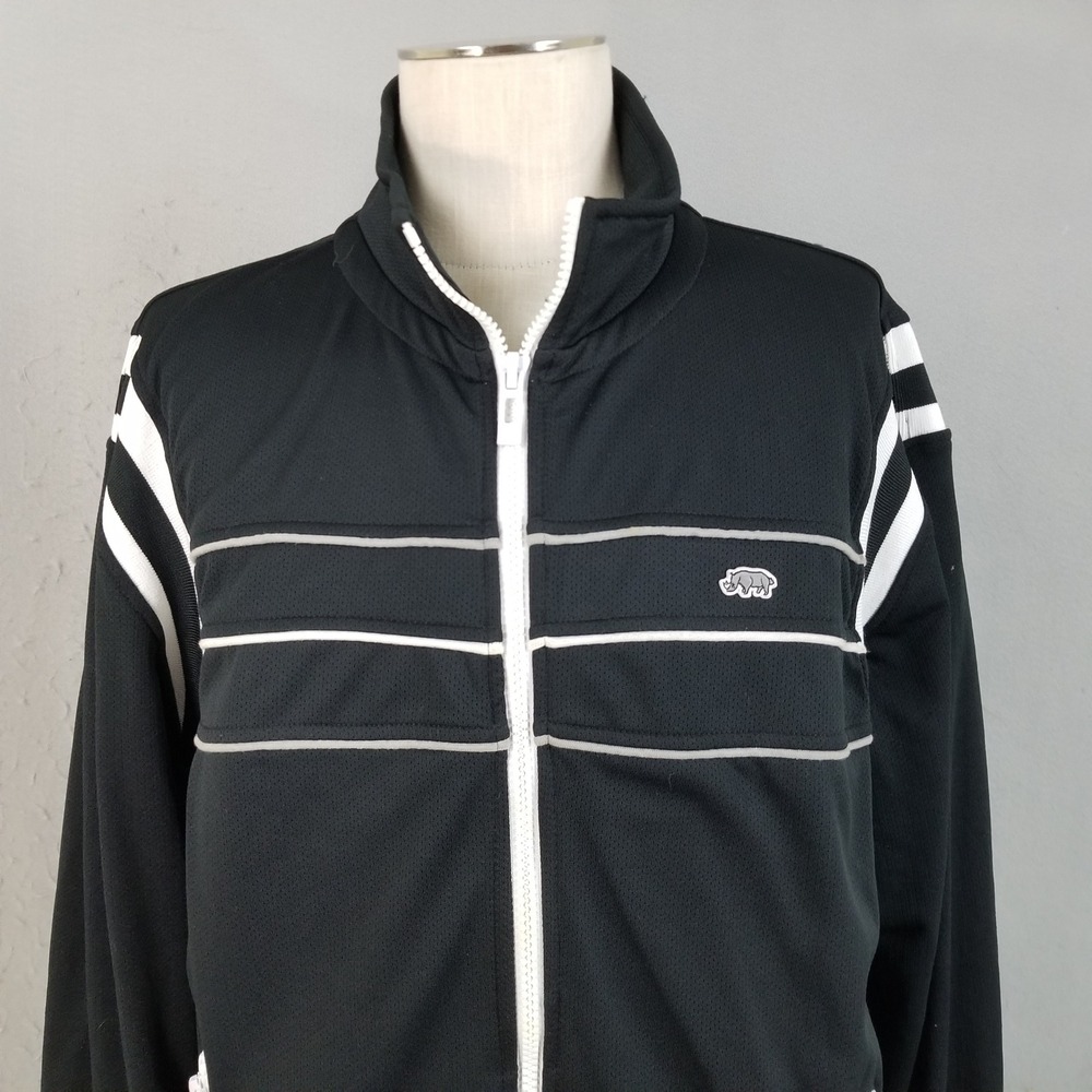 Ecko Unltd Track Jacket Mens XL Black White Stripe Full Zip Rhino Logo Mesh Y2K